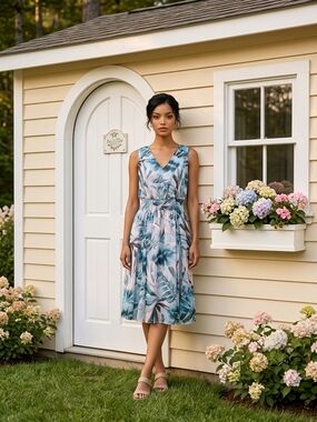 V-Neck Sleeveless Midi Dress in Teal and Blush Botanical Print